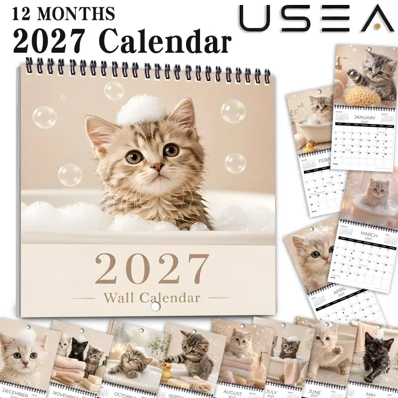 2027 Wall Calendar,Cute Bubble Bath Kitten, US Federal Holidays, Aesthetic Wall Decor Gift for Mom Women Coworker Teacher