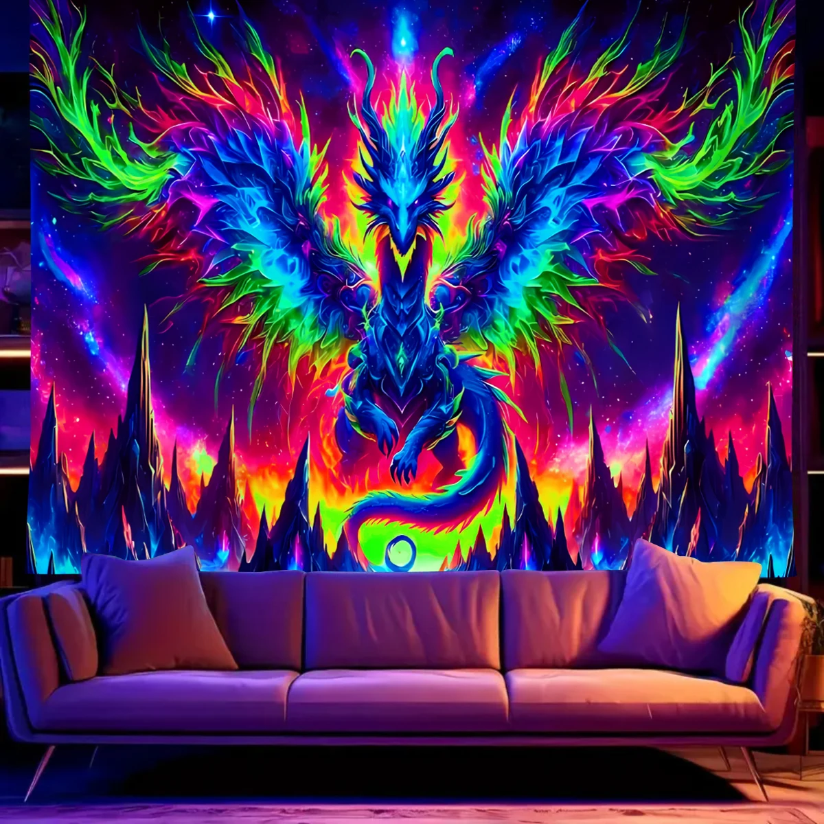 1pcFluorescent colored dragon tapestry, UV reactive black light tapestry, rainbow dragon e-sports room college wall hanging