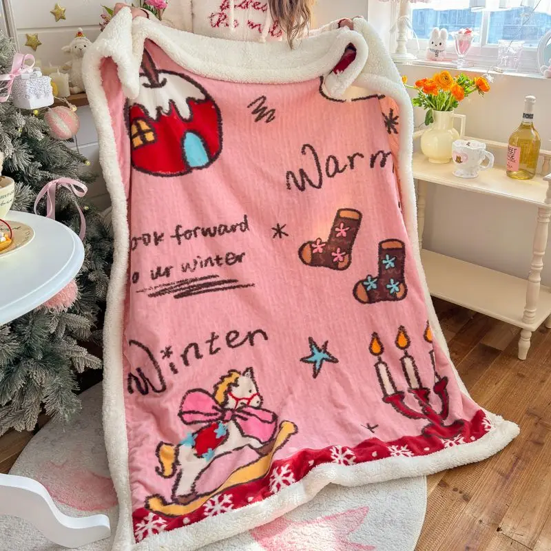 Cartoon Christmas Milk Fleece Blanket Winter Warm Lamb Fleece Sofa Blanket