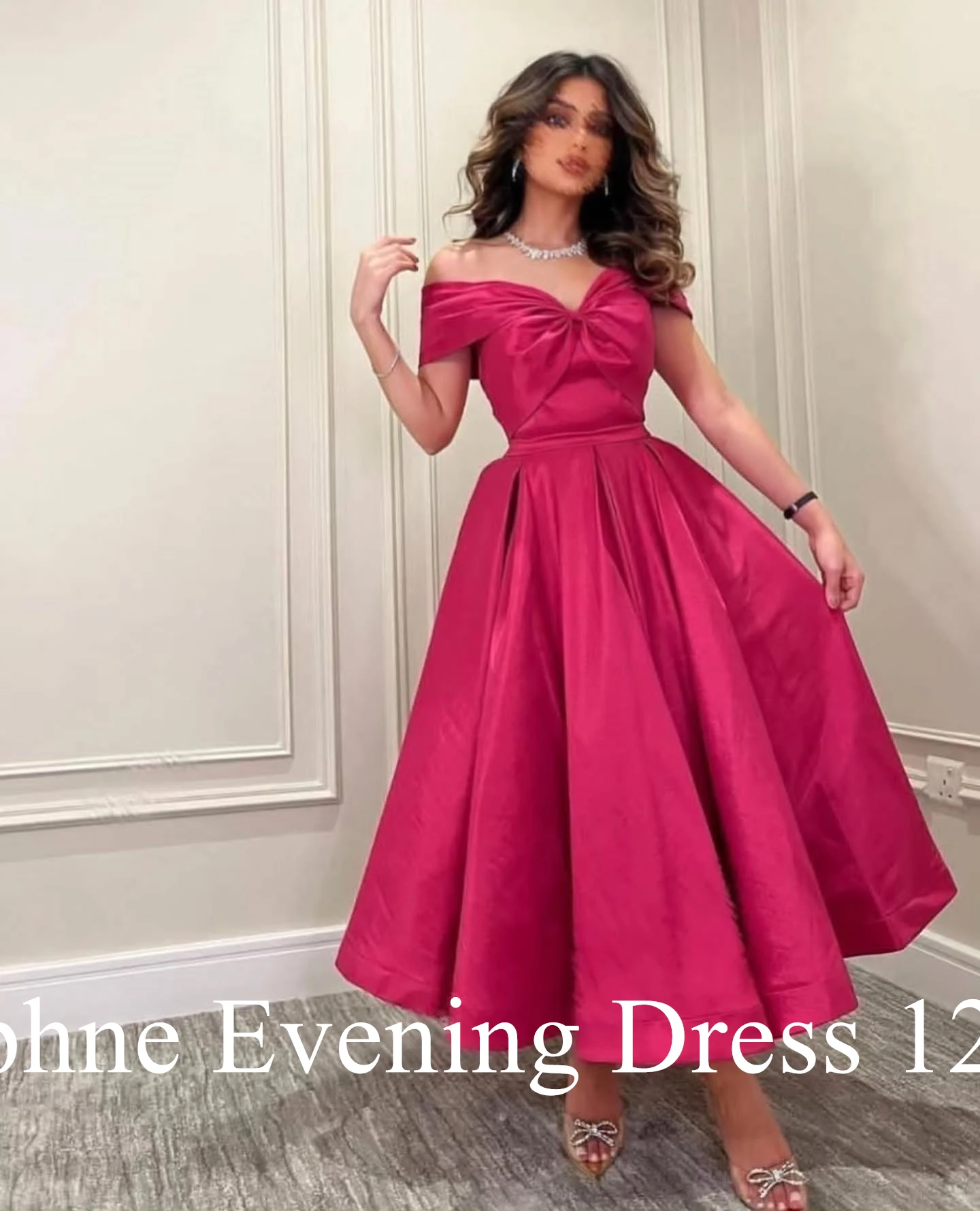 Customized Classic Off the Shoulder Short Sleeves Bow Evening Dresses Temperament Pleats Satin Vestido De Noche Vestido De Festa