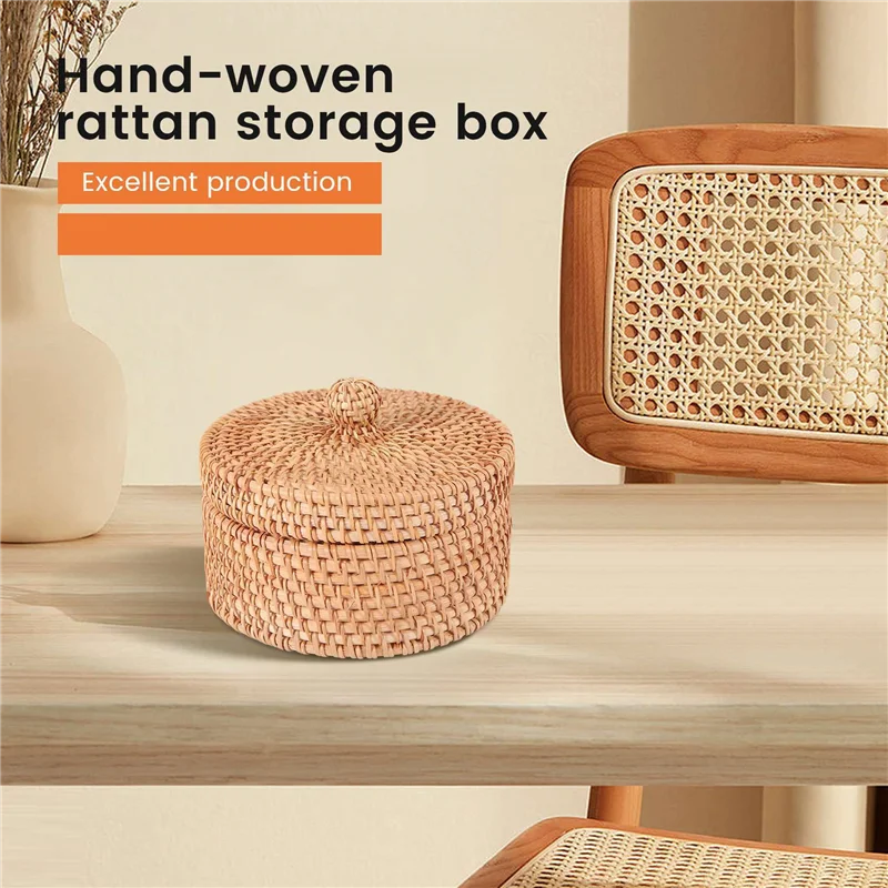 

3X Handwoven Rattan Storage Box With Lid Wicker Tea Food Container Picnic Bread Fruit Cake Basket Kitchen Organizer B
