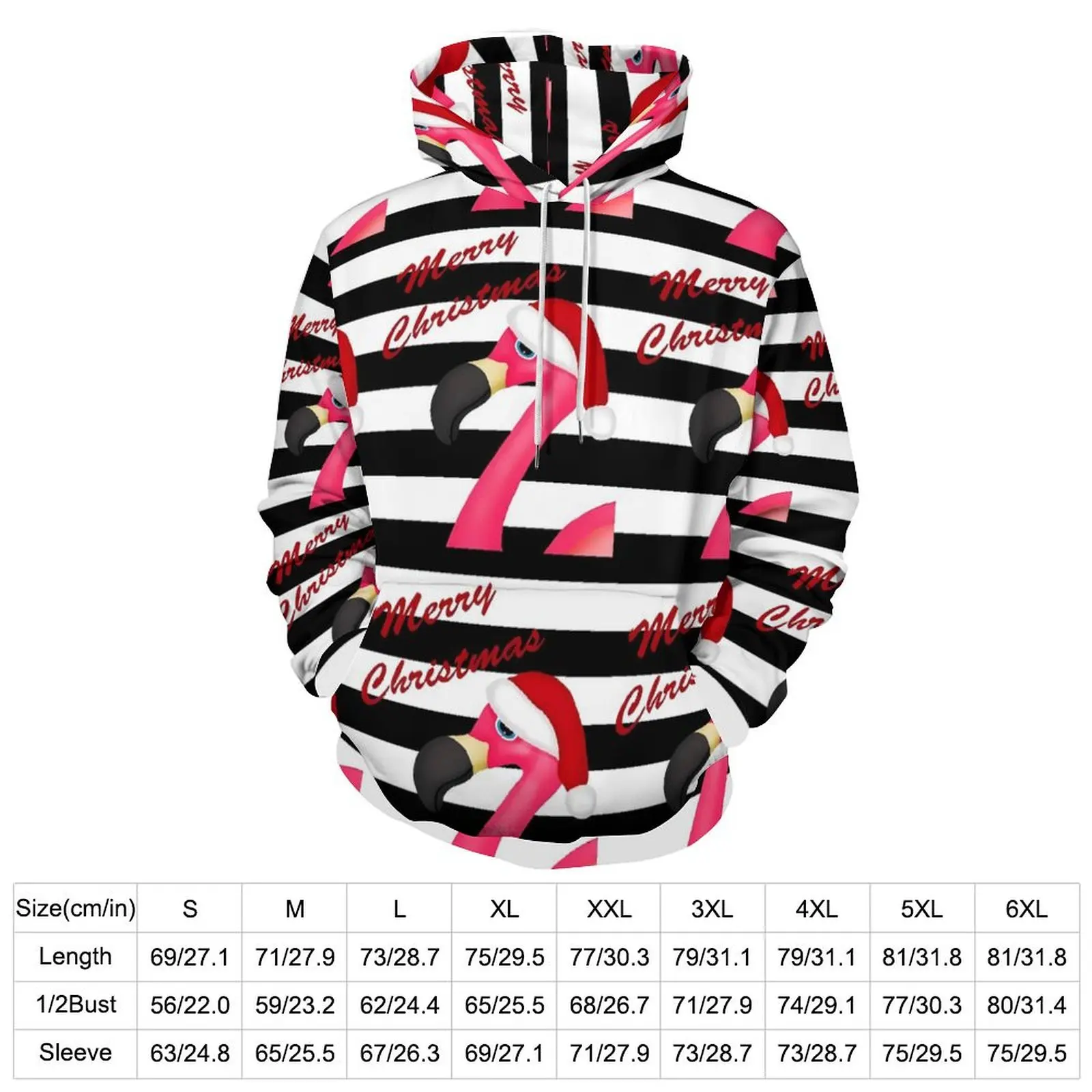 Flamingo Christmas Hoodies Black Striped Casual Pullover Hoodie Autumn Street Style Oversize Design Loose Hooded Sweatshirts