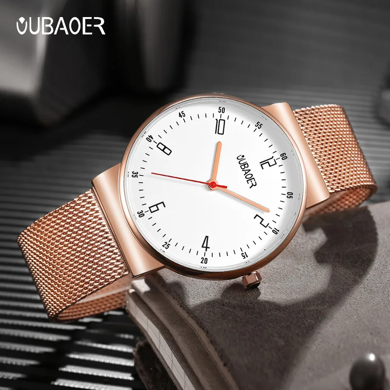 OUBAOER Men Minimalist Ultra Slim Quartz Watch Man Breathable Stainless Steel Mesh Strap Waterproof Fashion Dress Wristwatch