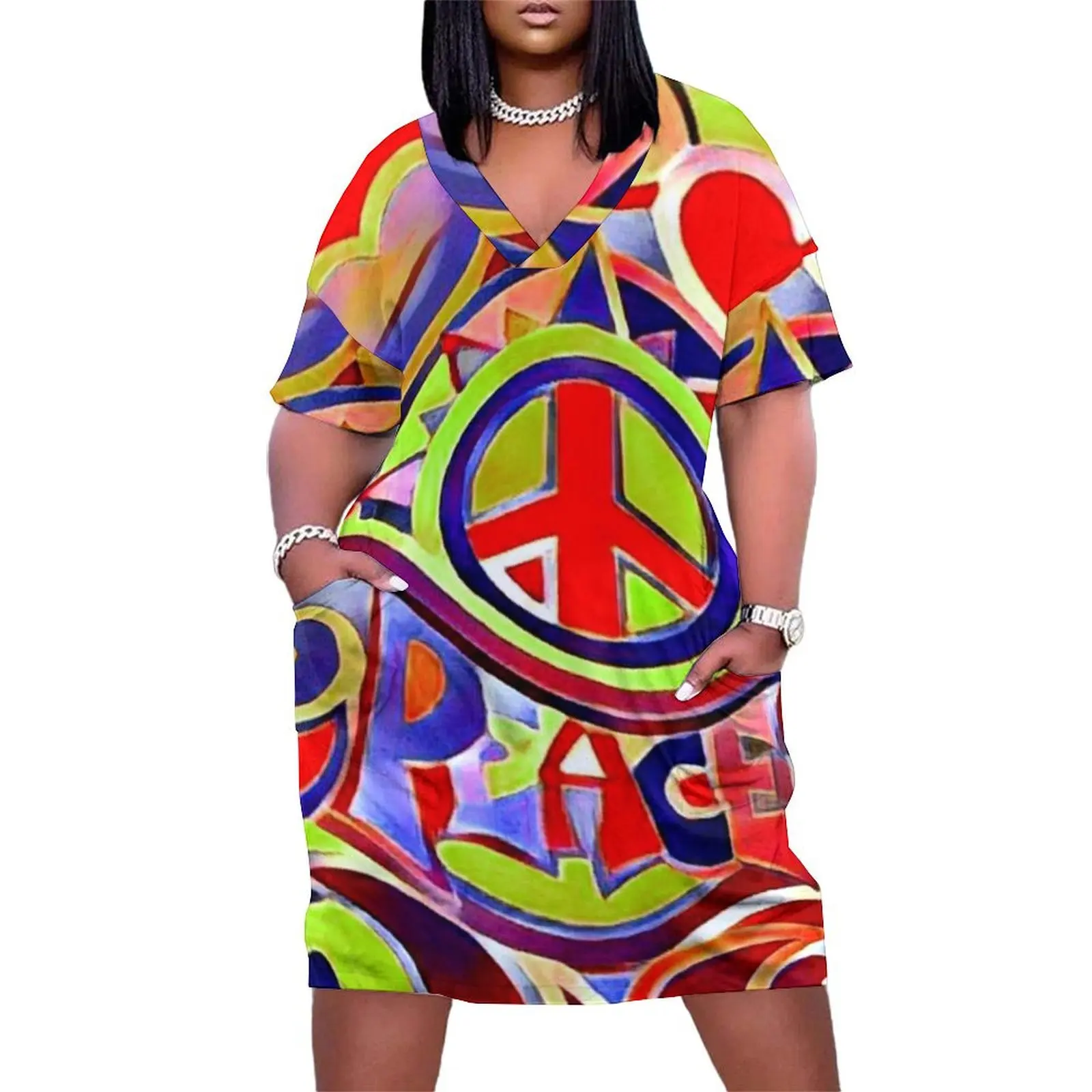 Hippy Retro Peace Art Loose Pocket Dress elegant women