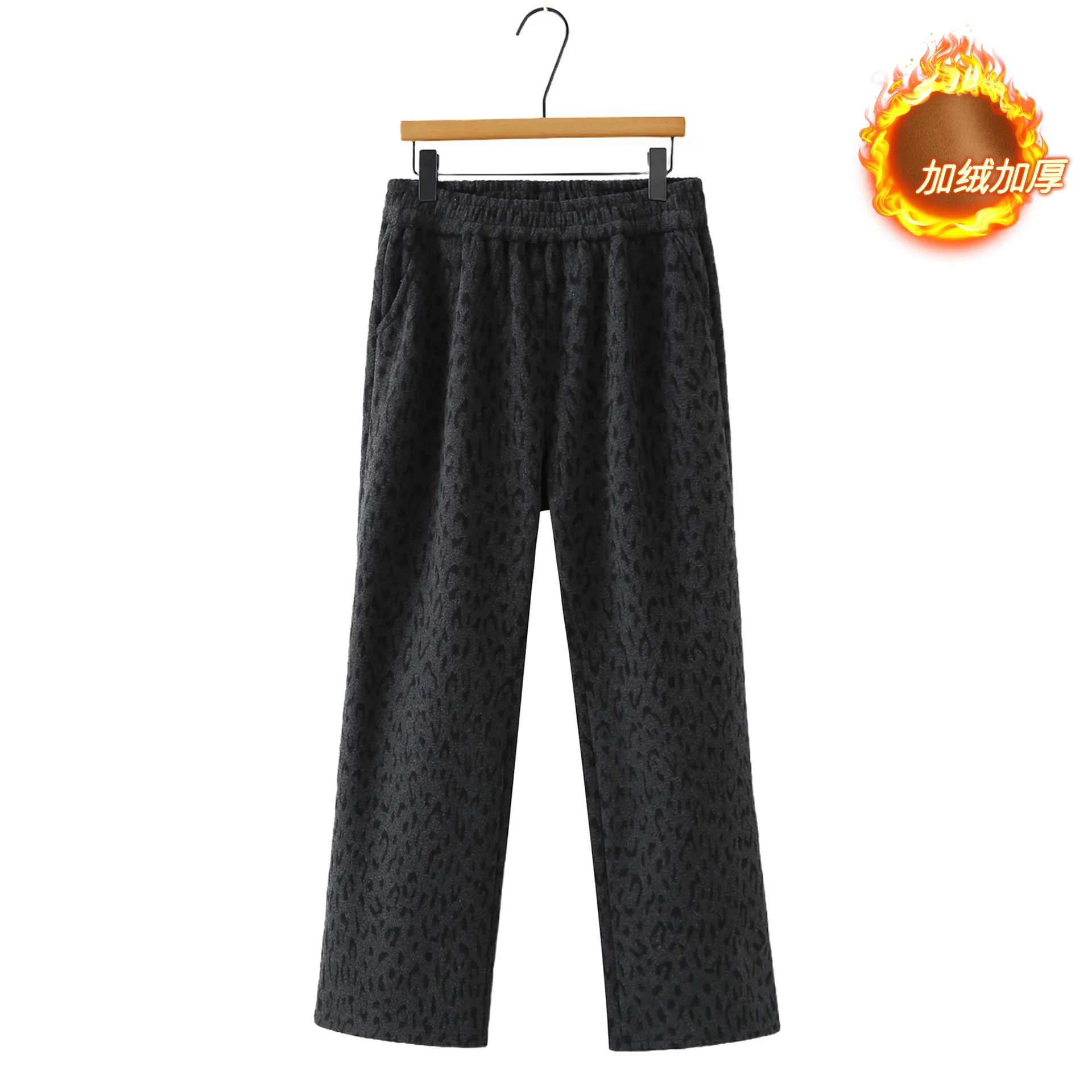 

XXXXXXL Fashion Plus Size Woman Clothing Straight Pants Winter Warm Fleece And Thickened Leopard Print Casual Wide Leg Trousers