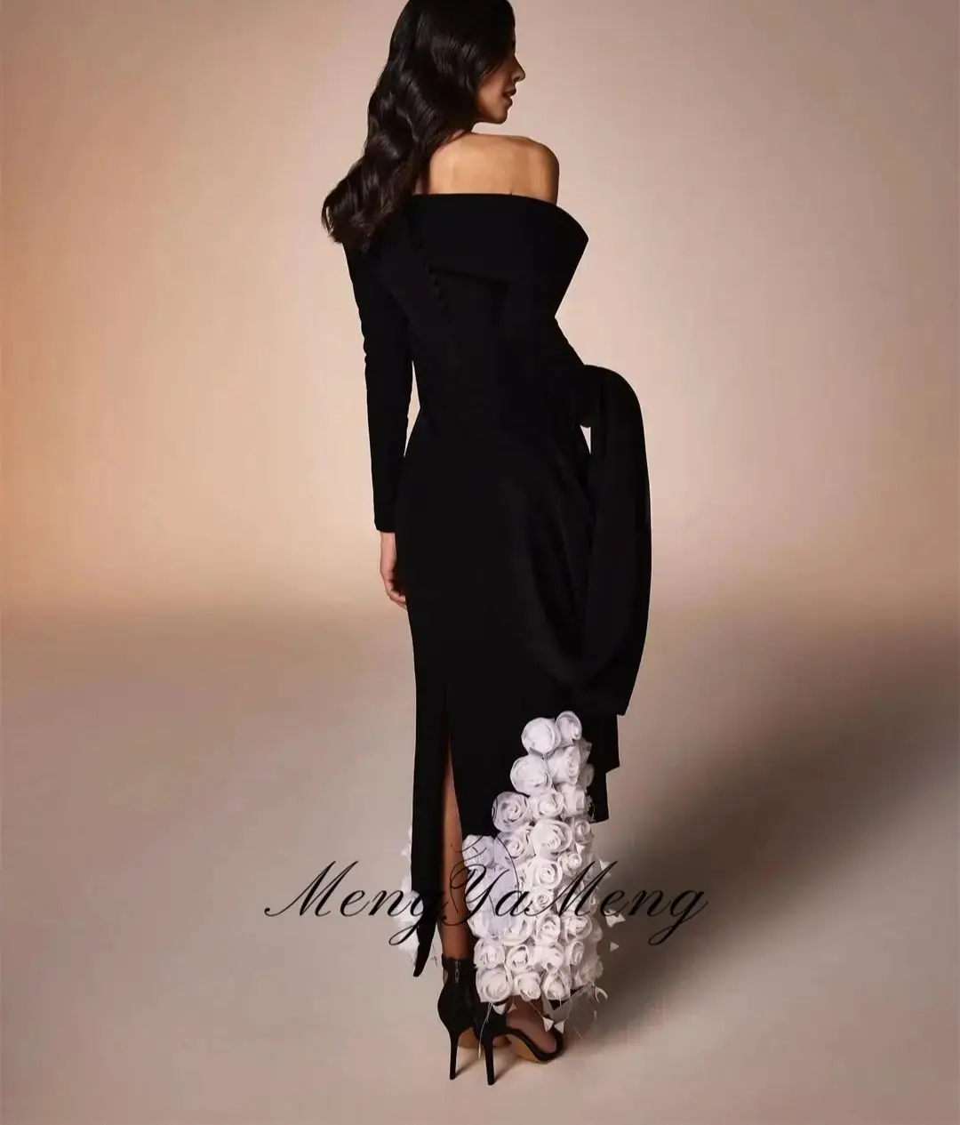 ZHUISHU Luxury Women's Evening Dresses for Special Occasions Custom Made 3D Flowers Fish Tail Black Long Sleeves Dress Prom image 5