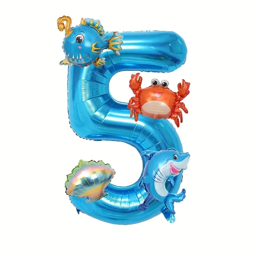 5-teiliges Mini-Ozean-Ballon-Set Blaue Zahlenballons Ozean-Tiere Hai Krabbe Bunte Muscheln Themen-Geburtstagsparty-Dekorationen Geschenke