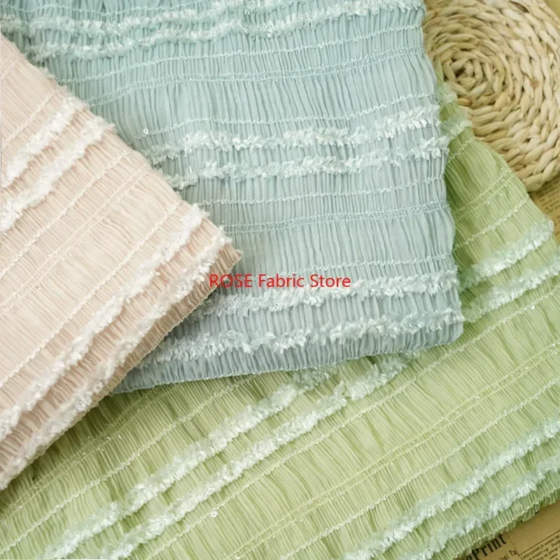 Pleated Striped Ruffle Elastic Chiffon Fabric for Blouse, Spring Dress, Vacation Party dress, Dance Dress