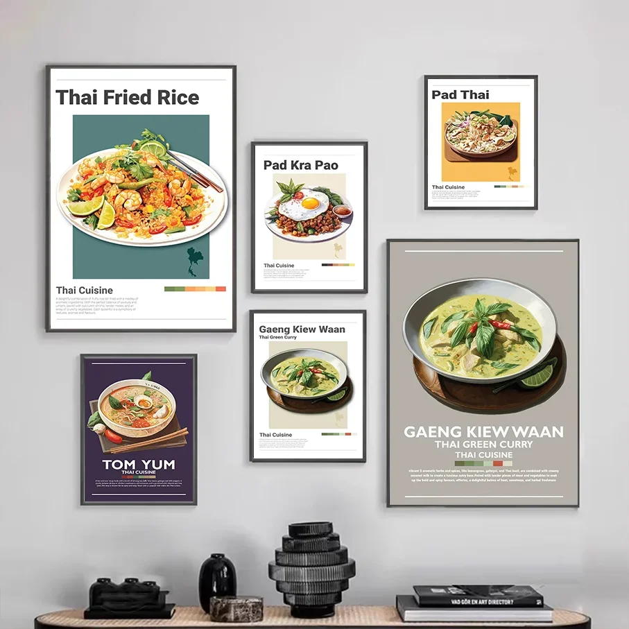 Frameless Canvas Thai Food Wall Art Thai Cuisine Poster, Thai Fried Rice Pad Thai Green Curry Tom Yum Kitchen