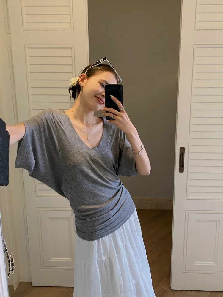 

Korean Elegant V-Neck Short Sleeve T-shirts Women Loose Office Lady Y2k Crop Top Pure Color Tees Chic Outwear T Shirts Vintage