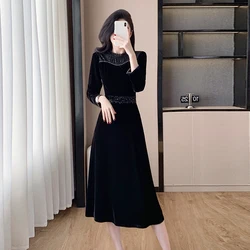 In Stock New Arrival Fashion Women Ruffled Neck Midi Dress Autumn Winter Sequins Patchwork Beading Velvet Slim A Line Midi Dress