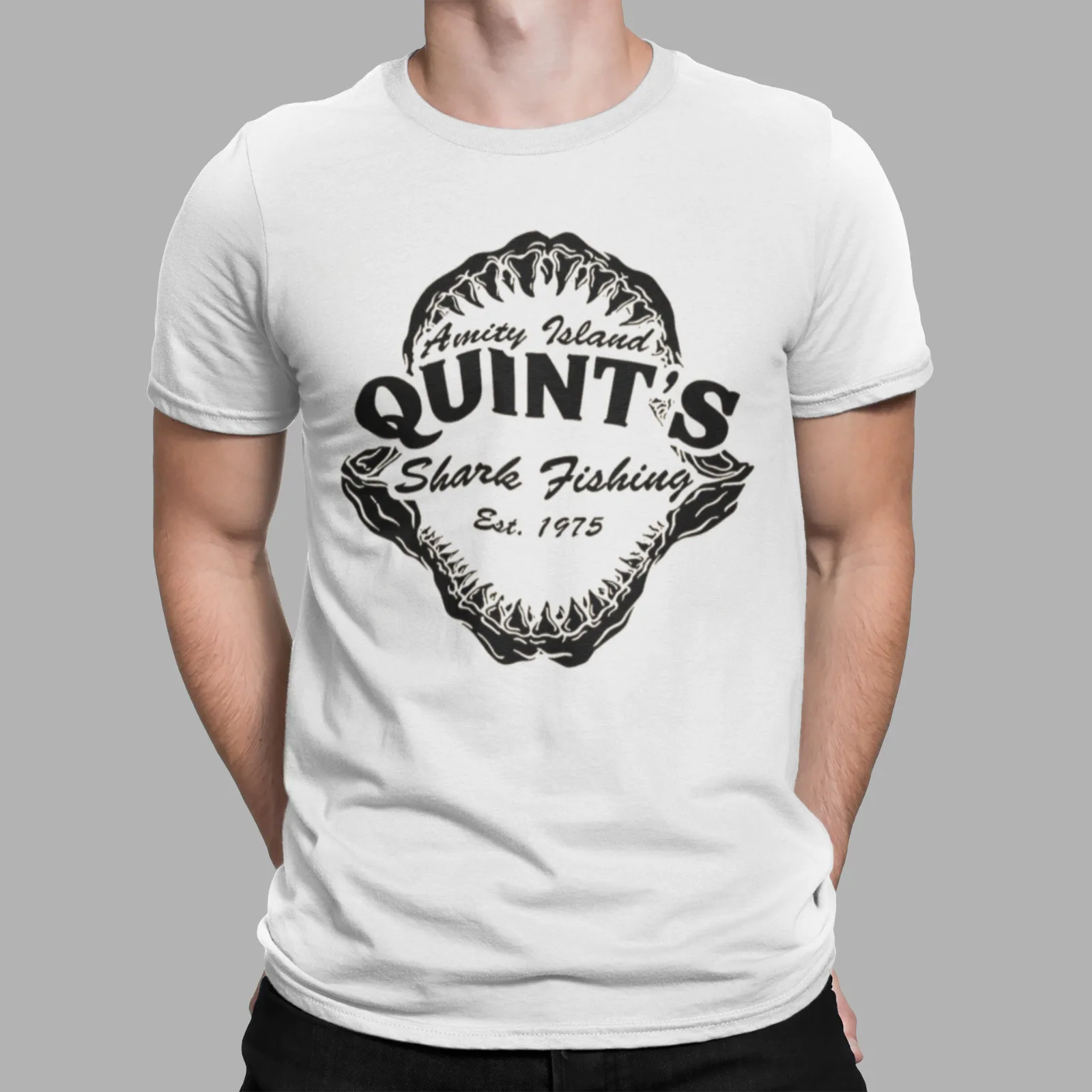 Quints Fishing T-Shirt Shark Jaws Amity Island Movie Film Retro 70s 80s Gift Tee