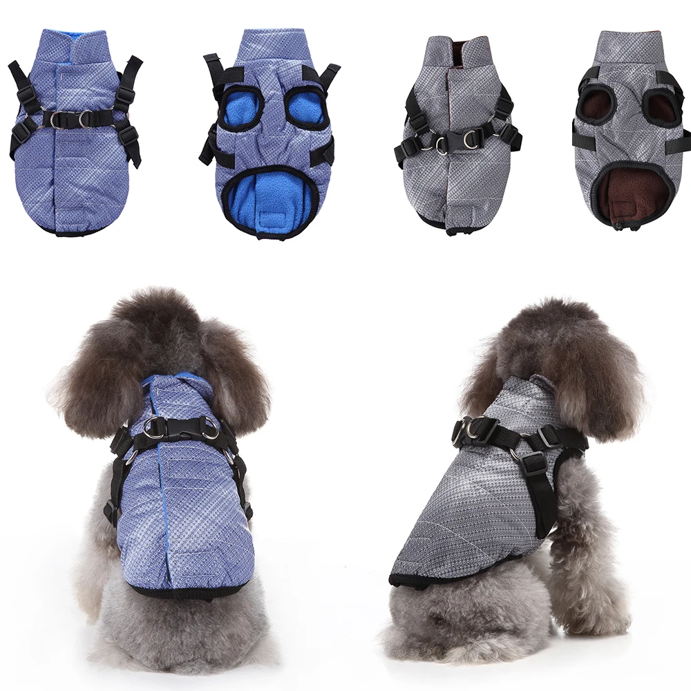 

Warm Winter Dog Clothes Waterproof Dogs Vest French Bulldog Jacket Reflective Pet Clothing with Harness for Small Medium Dogs