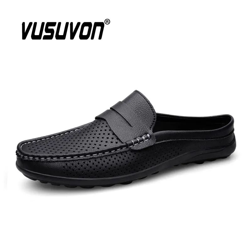 Men Mules Slippers Split Leather Penny Loafers Outdoor Non-slip Black Casual Slides Summer Spring Fashion Shoes 38-47