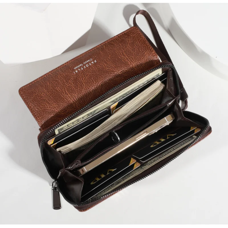 Men\'s PU Zipper Handbag Large Capacity Long Wallet Clutch Bag Phone Bag Multi Card Card Holder Coin Purse Wallet Double Layer