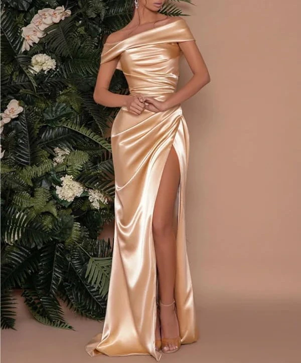 

Women's Off The Shoulder Satin Prom Dresses Long Ball Gown Corset Formal Evening Gowns Mermaid Bridesmaid Dress with Slit