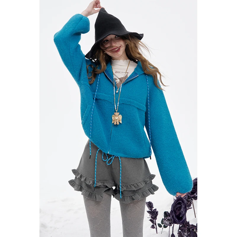 ELFSACK 여성용 플로킹 A라인 반바지 2025 가을 겨울 티어드 러플 헴 스위트 캐주얼 하이웨이스트 바지