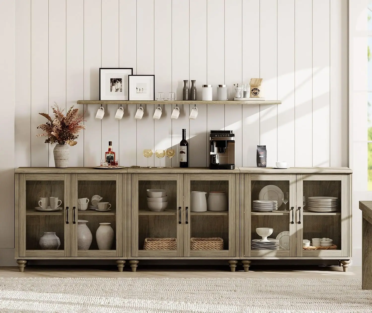 Farmhouse Sideboard Buffet Cabinet with 6 Glass Doors, 101 Inch, Grey, Customized