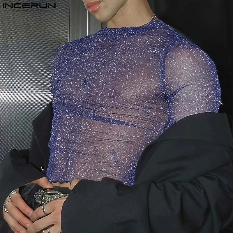 INCERUN Men T Shirt Mesh Transparent Shiny O-neck Long Sleeve Sexy Camisetas Streetwear 2024 Party Fashion Men Clothing S-5XL