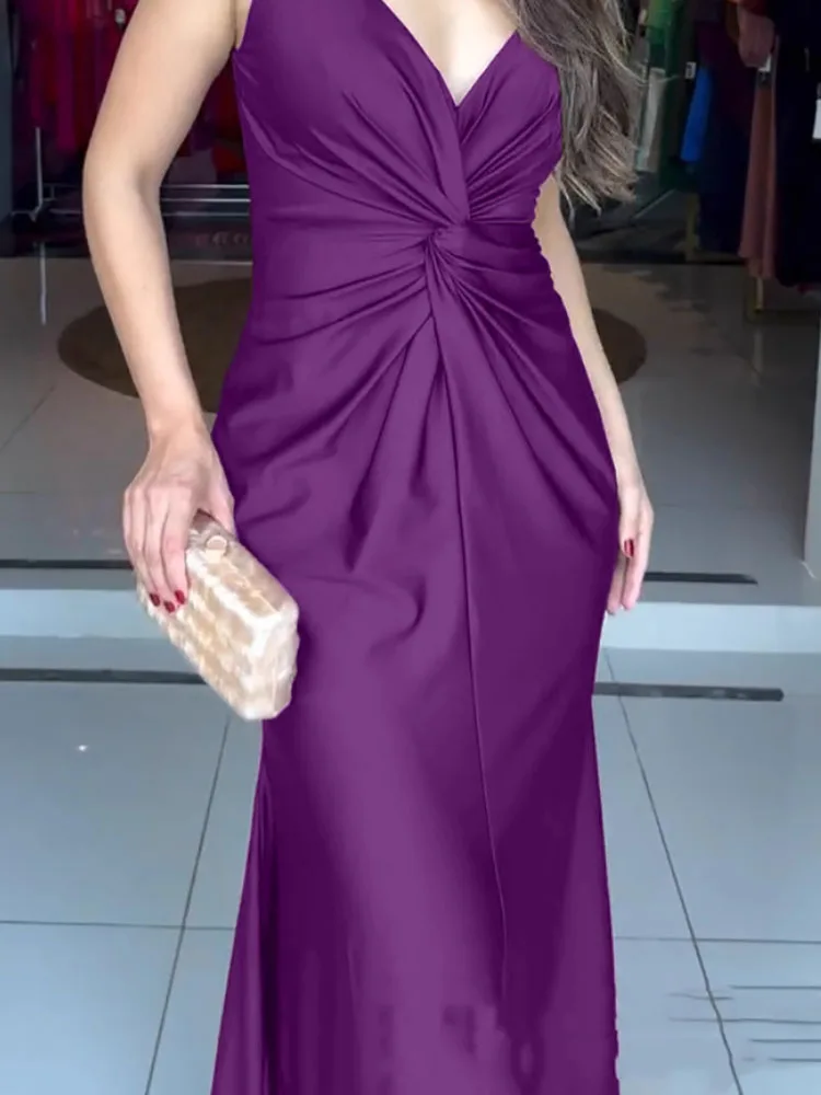 セクシーな女性のVネックハイウエストイブニングドレス、エレガントなサテン無地ローブドレス、ツイストデザインノースリーブキャミソールロングドレス
