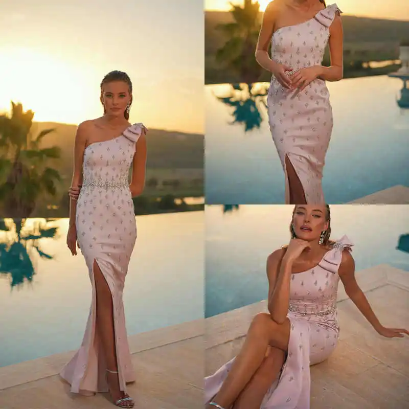

Simple Crystal Mermaid Evening Dress One Shoulder Sleeveless Bow Prom Gowns High Splits Floor Length Formal Dresses Customized