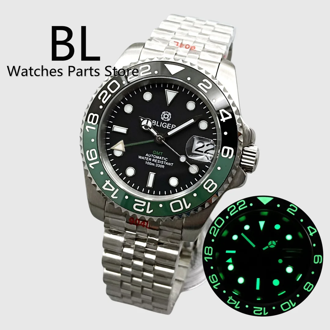 

BLIGER 40mm GMT Men Mechanical Wristwatch NH34 Watch Sapphire Glass Luminous Ceramic Bezel Green Red Blue GMT Letters Black Dial