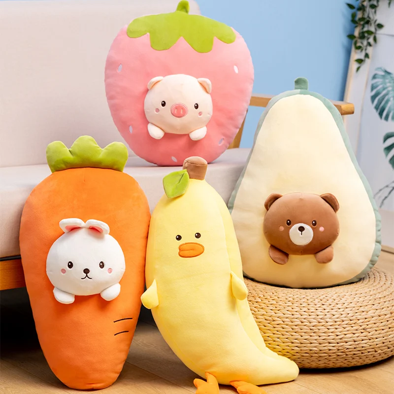 

Avocado Banana Strawberry Carrot Plush Pillow Kawaii Fruit Stuffed Cartoon Animal Bear Duck Rabbit Pig Doll Soft Sofa Cushion