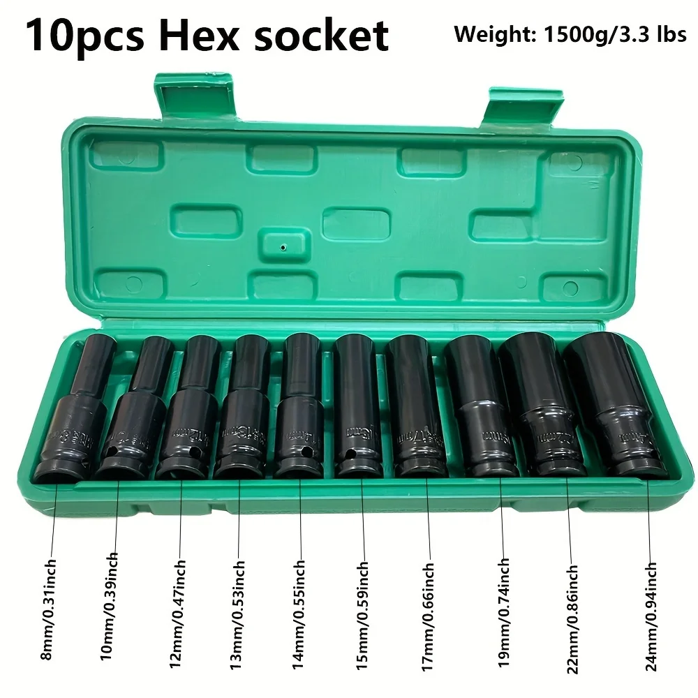 10pcs 1/2 Inch 8-24mm Power Socket Tool Impact Wrench Adapter Industrial Hand Tool Socket Set for Industrial Auto Repair