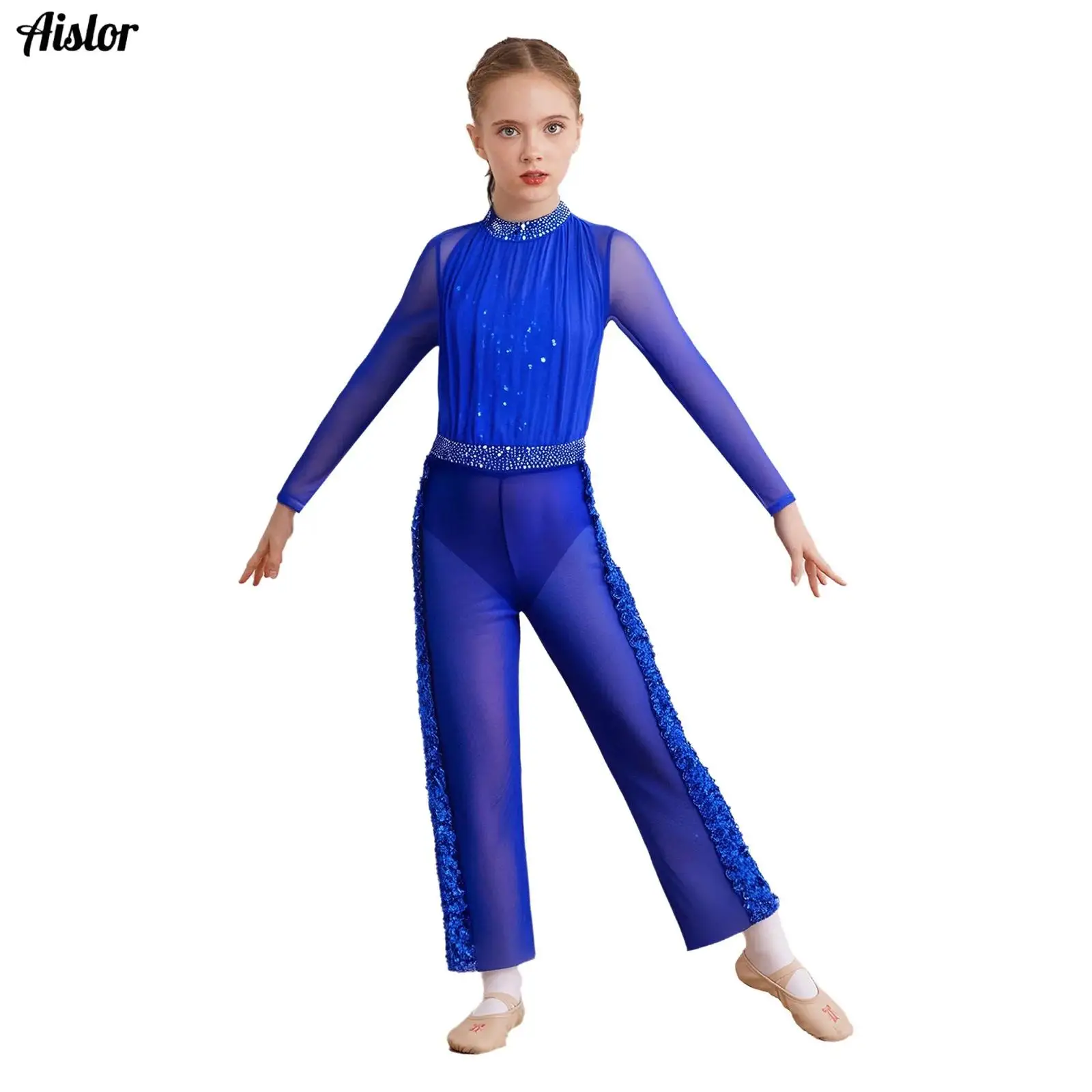 

Kids Girls Figure Skating Dance Costume 2Pcs Long Sleeve Keyhole Back Sequins Rhinestones Sheer Mesh Leotard Unitard+Pants Set