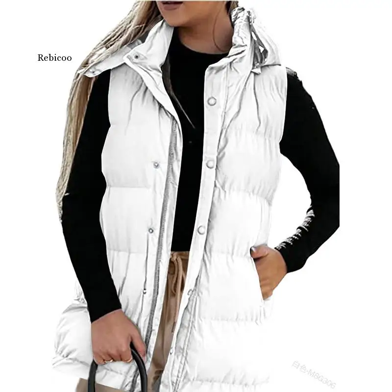 

2022 Women's Slim Fit Solid Color Hooded Vest Jacket Fashion Zipper Single Breasted Button Casual Top Vest Winter Autumn