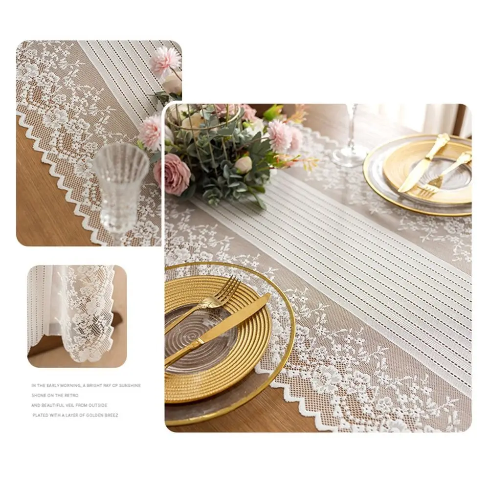 Hollowed Out Lace Jacquard Table Runner French Romantic Floral Embroidered Table Doilies Table Ornament Semi-Sheer