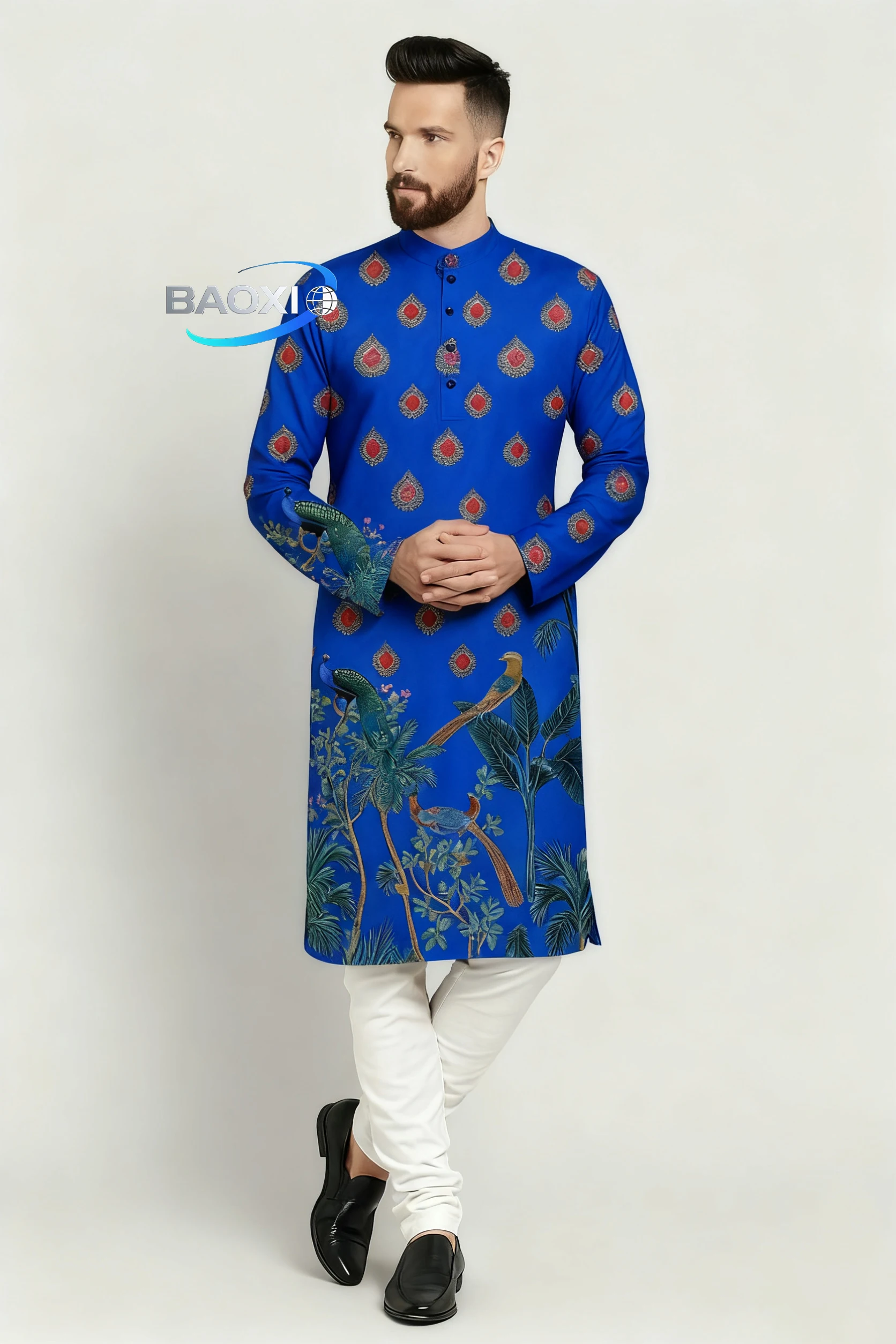 2025 men's printed kurta vardha fitted Mandarin collar long robe suitable for all occasions, such as high-end wedding venues