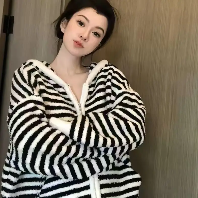 

Girl's Loungewear Thickened Coral Fleece Zipper Hooded Pajamas Women's Home Clothes Set Sleepwear Soft Nightgown Autumn Winter