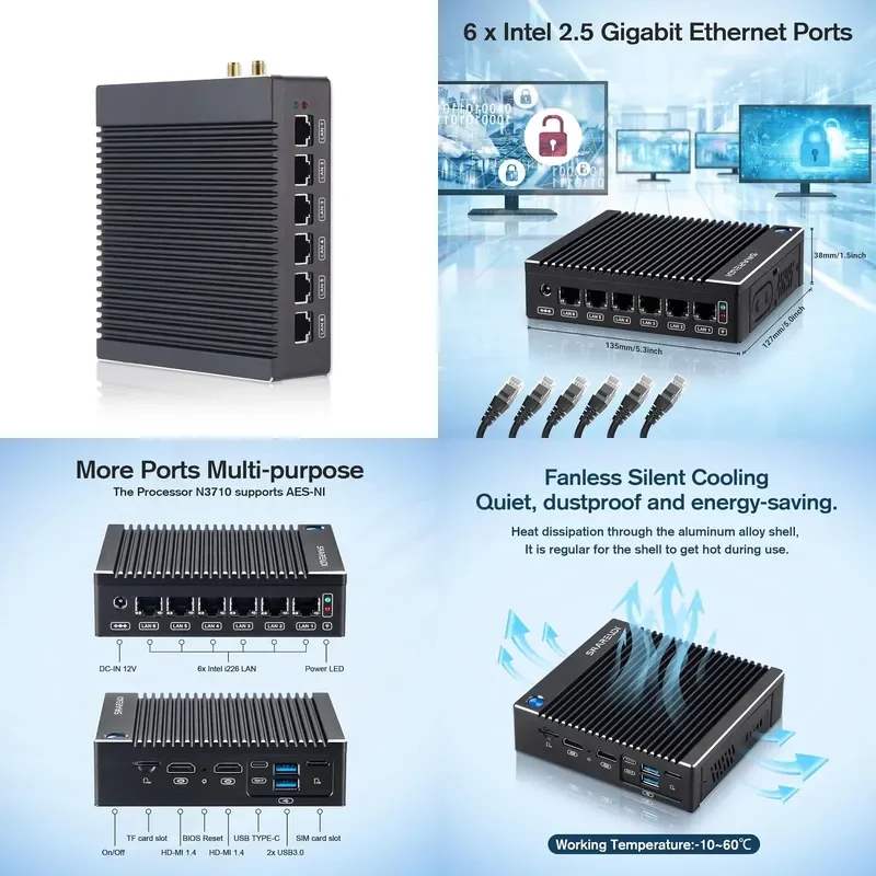 Fanless Firewall Appliance 6 X I226 LAN Mini PC N3710, Network Gateway Soft Router/ P-F-Sense/OPN-Sense, 8GB RAM/240GB SSD