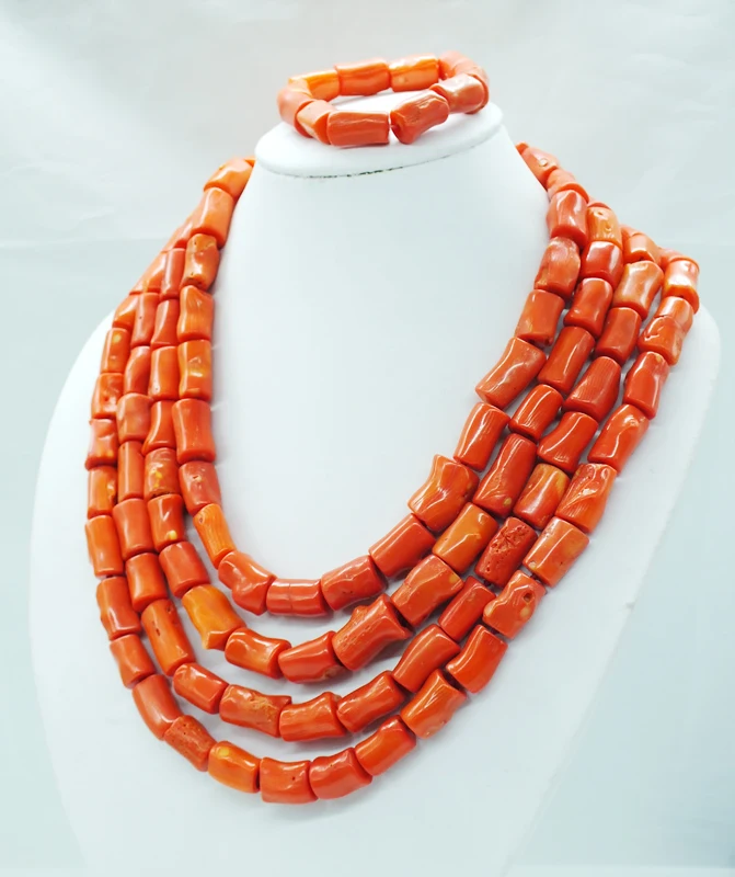 Its gorgeous, natural 4 layer irregular coral necklace  Nigerian African Wedding Beads Jewelry Set