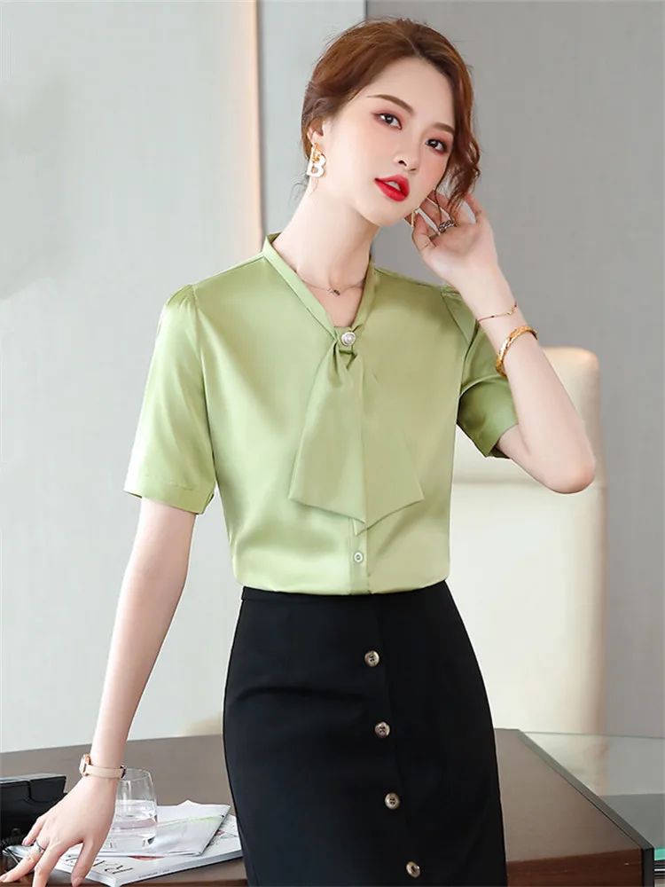 Áo Khoác Nỉ Nữ Thời Trang Mùa Hè 2021 Dây Thắt Nơ Công Sở Nữ Cothes Áo Sơ Mi Oversize Nữ Tay Ngắn Vintage Top Hồng Blus