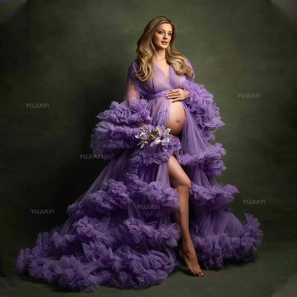 

Maternity Prom Dresses Front Split Fluffy Tulle Women Robe Ruffled Tiered Gown Wedding Bridal Sleepwear Nightwear Photoshoot