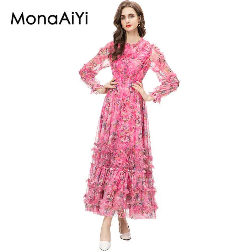 MonaAiYi Fashion Designer Autumn Women's Pink Dress Long sleeve Mesh Print Edible Tree Fungus Ruffles Holiday Long Dress