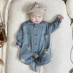 Denim Baby Rompe Newborn Boys Girls Cowboy Broken Hole Jumpsuits Clothes Autumn Boys Girls Long Sleeve Rompers Children Rompers