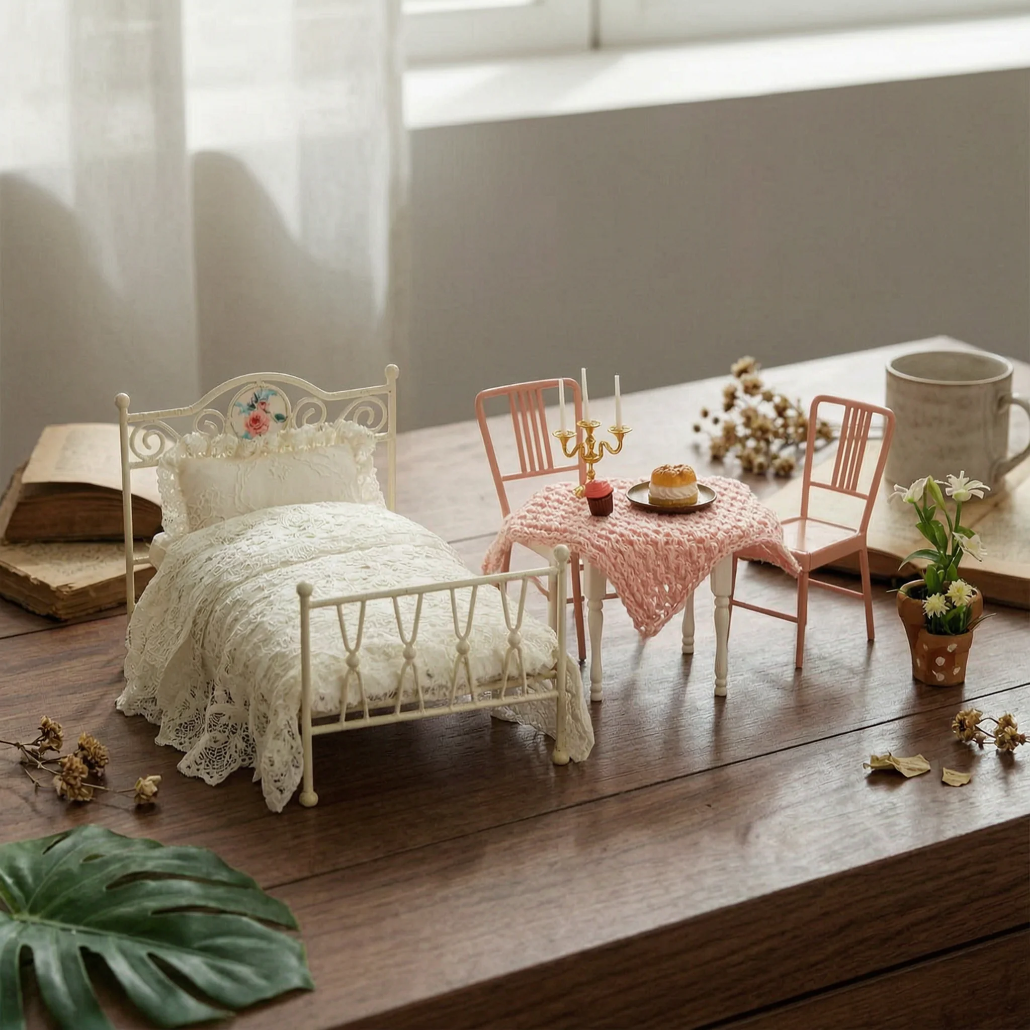 Bed with Bedding Ornate Miniature Metal Bed Furniture Decorative Realistic for Collectors, Display Scenes