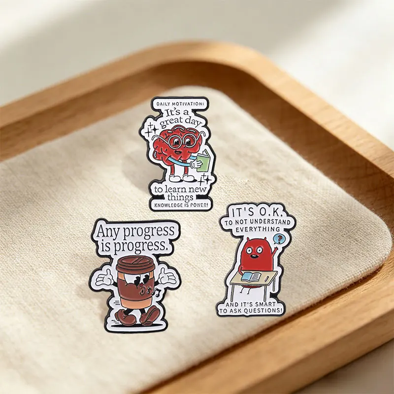 English Inspirational Cartoon Brooch Coffee Cup Brain Little Monster Casual Gift Metal Pin DIY Clothing Bags Hat Jeans Accessory