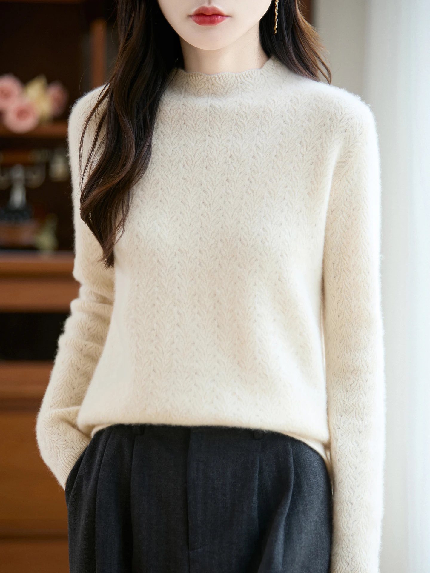 

Женский пуловер TLOML из 100% мериносовой шерсти, плюшевый трикотаж, с воротником-стойкой, узором «феникс», осенне-зимний, кашемировый, повседневный, удобный топ