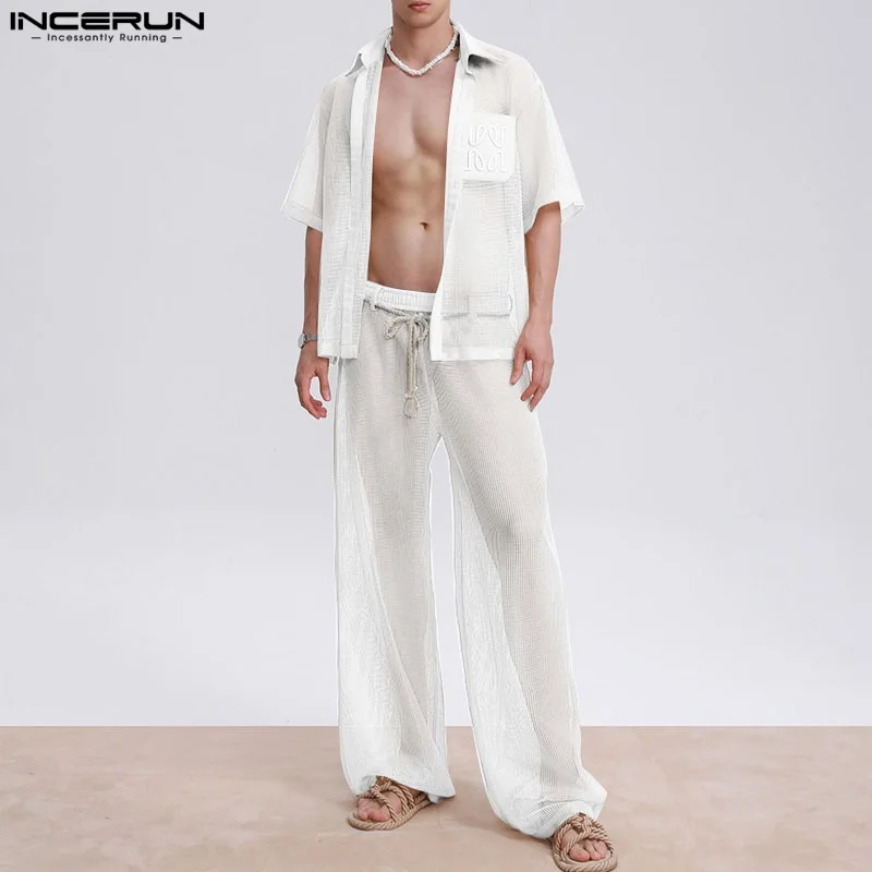 Set da uomo Mesh Patchwork See Through Camicie e pantaloni sexy a maniche corte Set da due pezzi Streetwear 2025 INCERUN Abiti casual da uomo