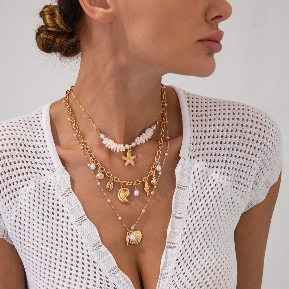 

Boho Starfish Conch Necklace Pearl Y2K Accessories Shell Pendant Choker Necklace Set Beach Jewelry Multilayer Clavicle Chain