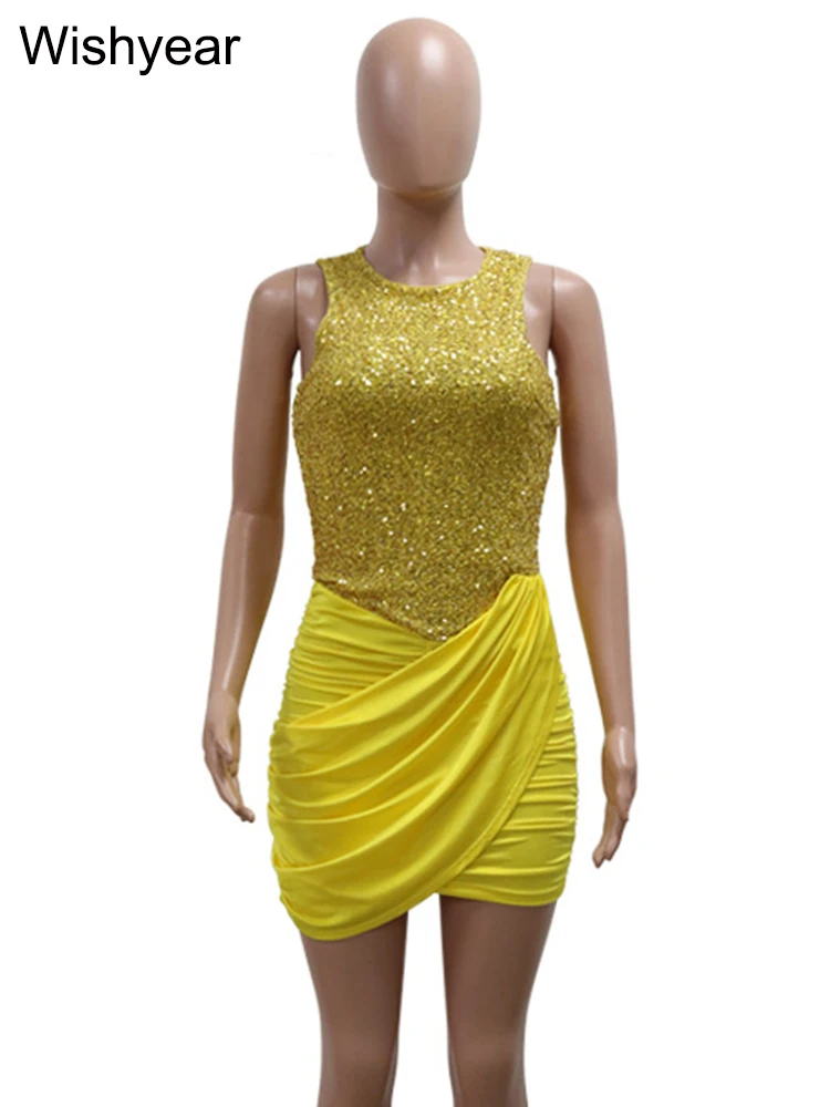 New Fashion Yellow Sequins Patchwork Irregular Ruched Bodycon Birthday Club Dresses for Women Sleeveless O-neck Evening Vestidos