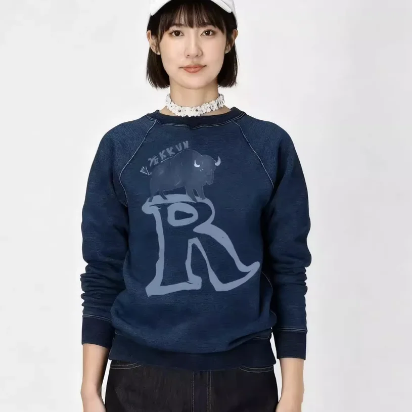 

Осень-зима, синий джинсовый свитшот с принтом, высококачественная универсальная женская толстовка с капюшоном в японском стиле