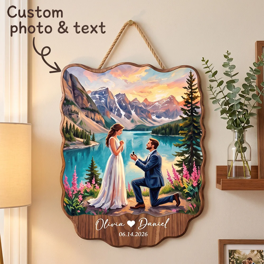 Custom Photo Wooden Hanging Plaque,Custom Names & Date Print,Mountain Lake Proposal Oil Painting Art,