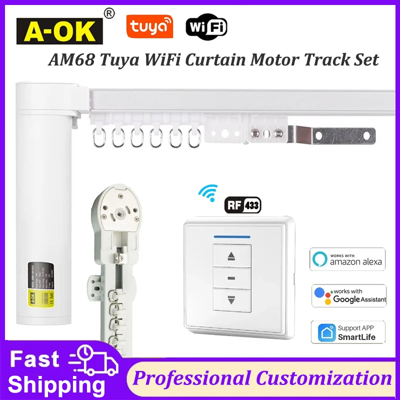 

A-OK AM68 Smart Tuya WiFi Curtain Motor with Custom Electric Curtains Rail Track Cornice Button Remote Control Alexa Voice