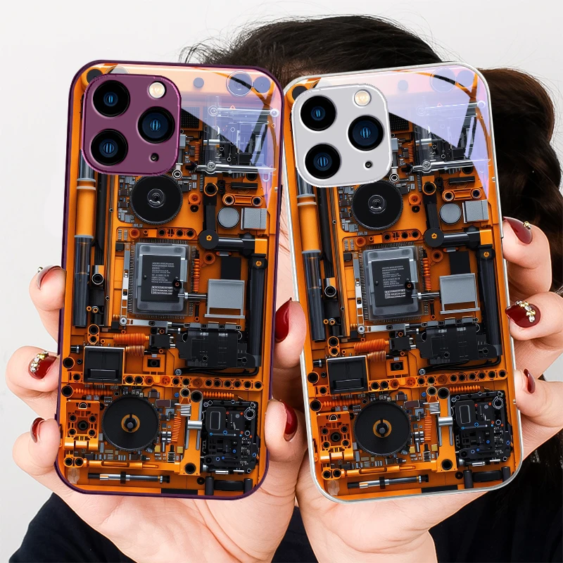 Circuit structure brown Purple For Iphone 16 Plus 15 14 13 12 Mini 11 Pro Max X XS XR 7 8 Plus 2022 Tempered Glass Phone Case