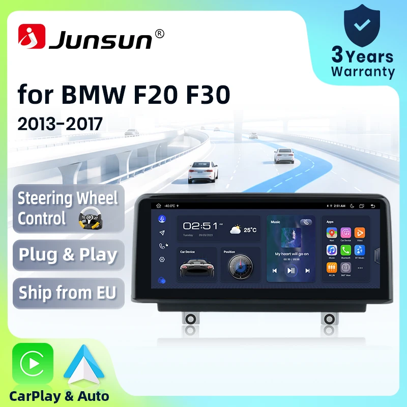Autoradio Junsun con Bluetooth, CarPlay e Android Auto per BMW Serie 1 2 3 4 F20 F21 F22 F23 F30 F31 F32 F33 F34 F36 2013-2019, navigazione GPS, 8 core, 4G, WiFi, lettore multimediale, schermo touch